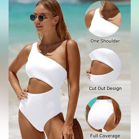 NWT One-Shoulder White Cut out one piece Swimsuit size Large - Picture 1 of 7